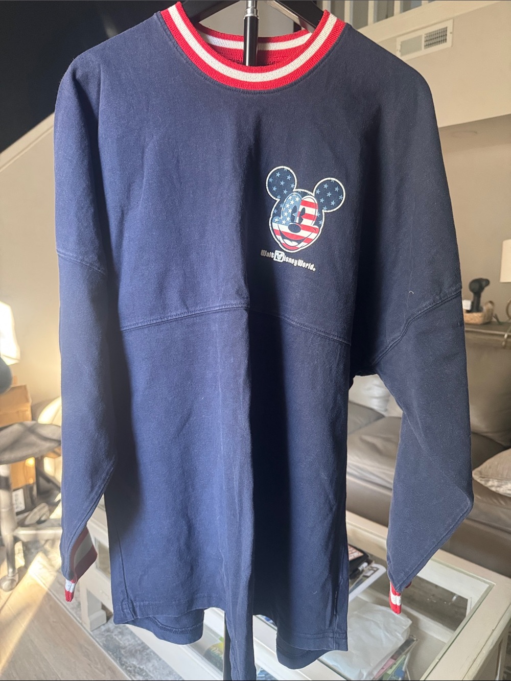 Disney Navy Crewneck Sweatshirt with Red & White Stripe Trim and Mickey Graphic